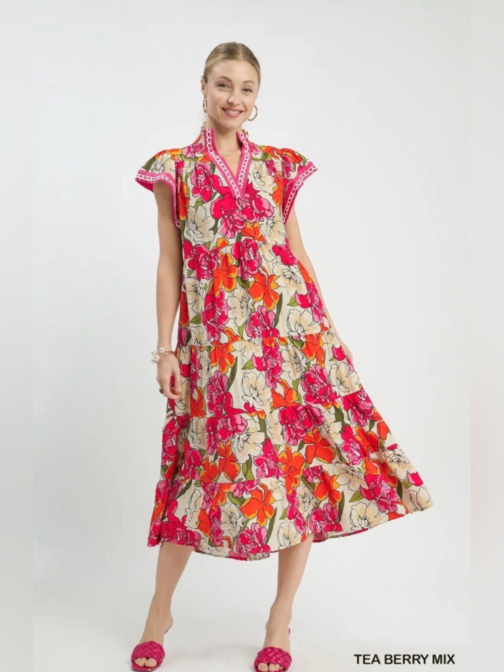 Umgee Mix Bold Floral Tiered Midi Dress🛍️